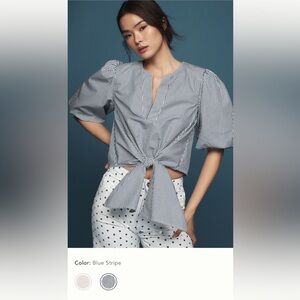 Anthropologie Meave Short-Sleeve Tie-Front Blouse size Small Blue & White Stripe
